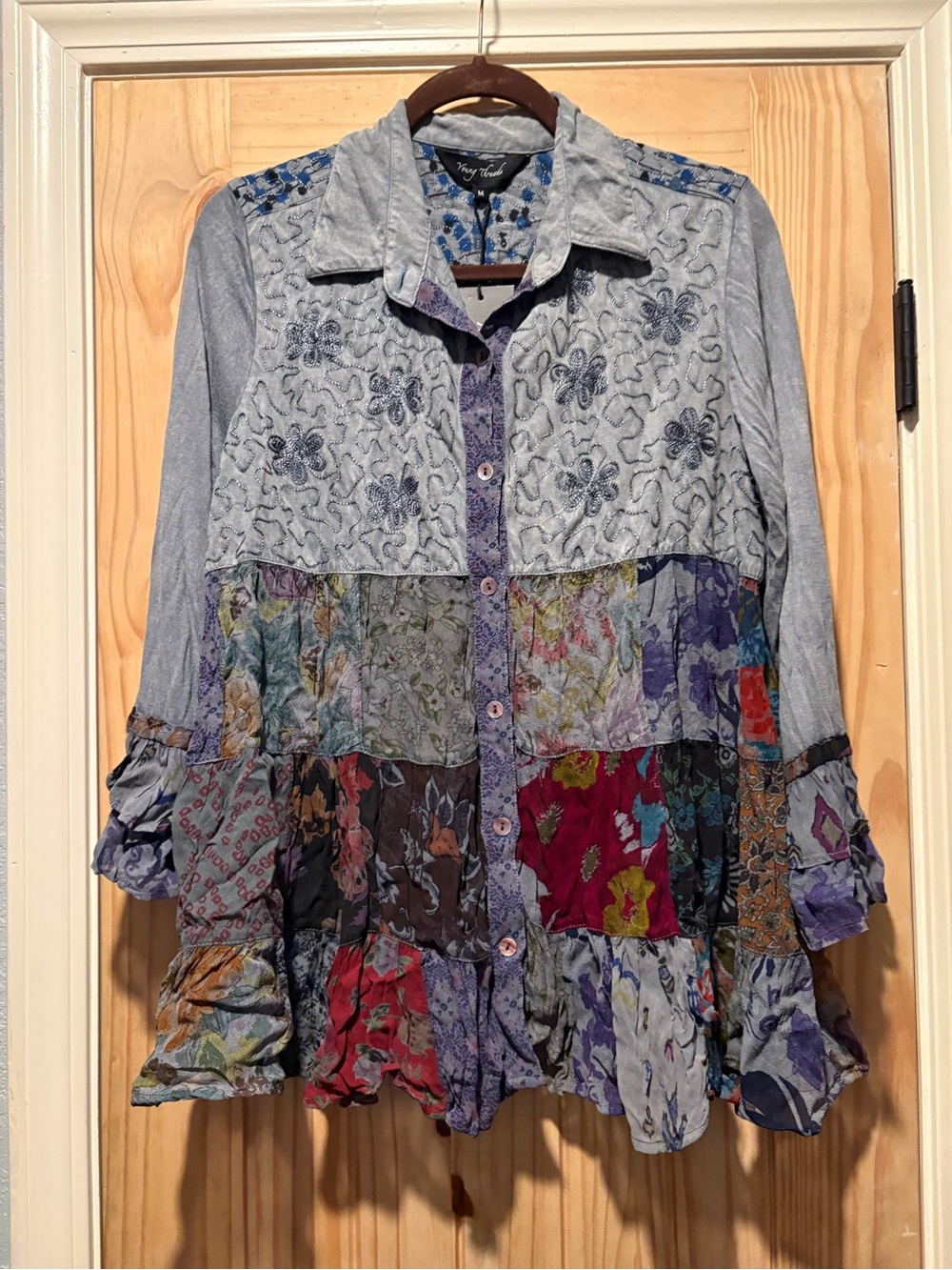 Young Threads Blue Gray Medium Patchwork Floral Button-Up Shirt NWT